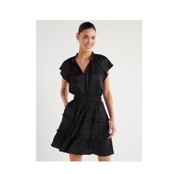 NWT Women’s Satin Mini Ruffle Dress w/ Cap Sleeves – Size XS 0-2 (Scoop) - Picture 2 of 6